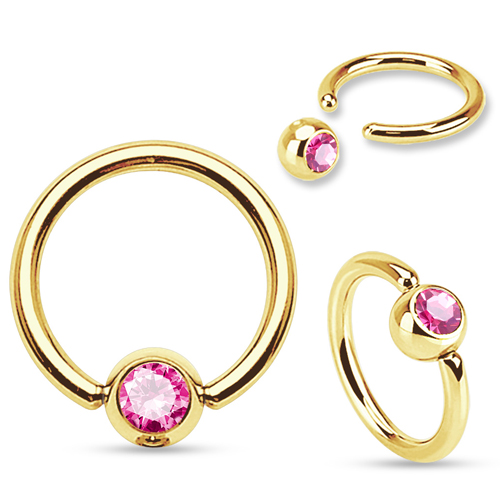Smiley piercing ring gold plated roze steentje