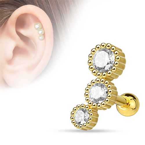 Helix piercing3 steentje rond wit gold plated 14 kt.