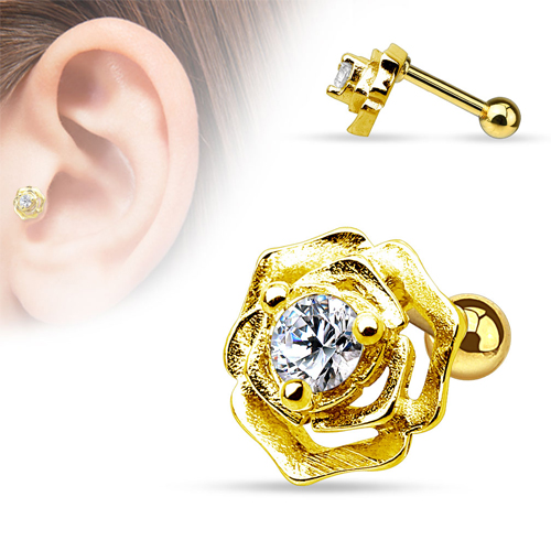 Tragus piercing roos met CZ steen gold plated