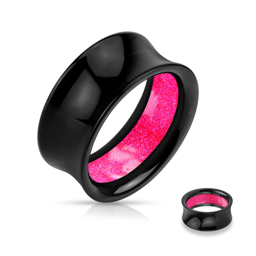 16 mm Double-flared tunnel zwart met roze glitters