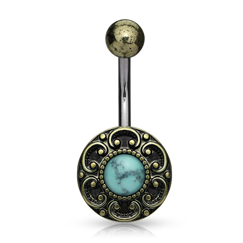 Navelpiercing antique gold plated met Turquoise steen