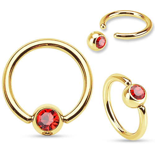Rookpiercing ring gold plated rood steentje