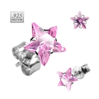 Zilveren oorbellen ster roze 6 mm