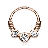 Piercings buigbare ring gedraaid met 3 CZ steentjes gold plated rose kleur